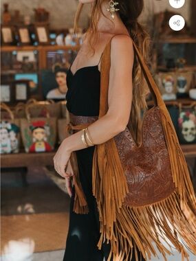 Fringe Tooled Leather Shoulder Bag - Tan